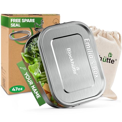 Blockhütte Personalized Lunch Box for Men I 47oz I Stainless Steel Bento Box Custom Name I Metal Lunchbox for Kids I Non-Toxic, Eco-Friendly, Leakproof Lunch Container Adults I Personalized Gifts - color: Silver + Name, size: 47oz