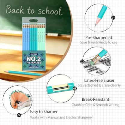 ECOTREE Pencils #2 Pre-Sharpened Pencils for Kids Number 2 Pencil with Erasers for School, Writing, 12 Count - color: Blue & Green, style: 12 COUNT