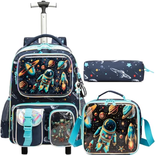 Meetbelify Kids Rolling Backpack with Wheels for Boys Rolling Backpacks with Lunch Box for Elementary School Students 3 in 1 Travel Luggage Suitcase for Boys Age 8-10 - color: Space 01