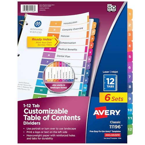 Avery 12 Tab Dividers for 3 Ring Binders, Customizable Table of Contents, Multicolor Tabs, 6 Sets (11196) - size: 12 tabs