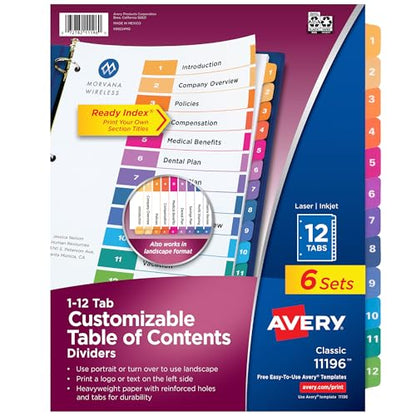 Avery 12 Tab Dividers for 3 Ring Binders, Customizable Table of Contents, Multicolor Tabs, 6 Sets (11196) - size: 12 tabs