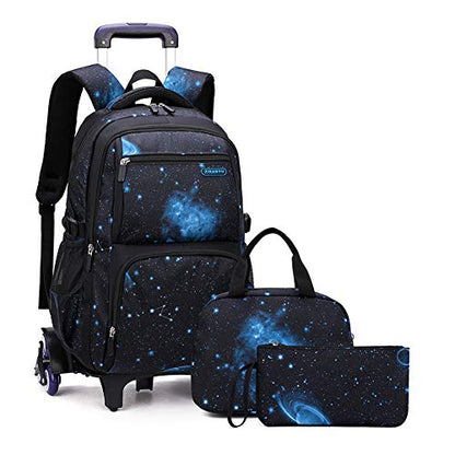 VIDOSCLA Elementary Galaxy Teens Rolling Backpack Kids Boys Luggage with Wheels Trolly BookBag for School-6 Wheels - color: Black Blue-3pcs 6 Wheels, style: 6 Wheels 3pcs