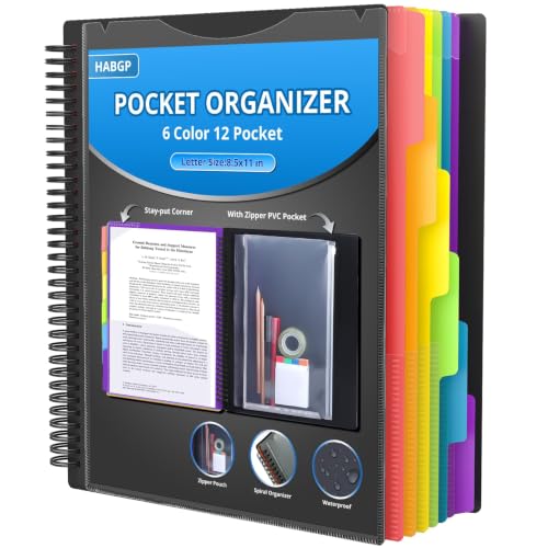 HABGP 12 Pocket Plastic folders with Pockets, 6 Colors Multi Pocket Folder Binder with Dividers, Office Organizer Folder Letter Size School Supplies - color: Black, size: 12 Pocket