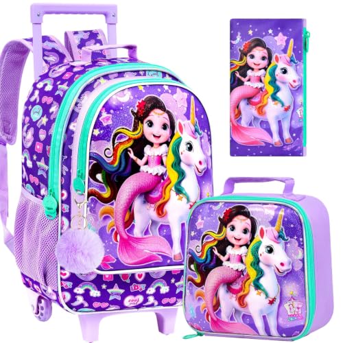 3Pcs Rolling Backpack for Girls, Kids Unicorn Roller Bookbag with Wheels, Wheeled School Bag Set for Elementary (Purple) - color: Pink Unicorn