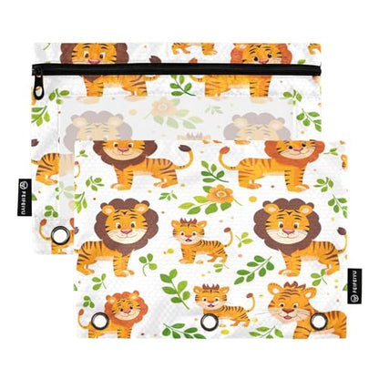 SUABO Cute Lovely Lion Pencil Pouch for 3 Ring Binder, 2 PCS Binder Pencil Pouch with Zipper, Clear Window Zipper Pencil Case Pencil Bags for Office Supplies - color: Lion