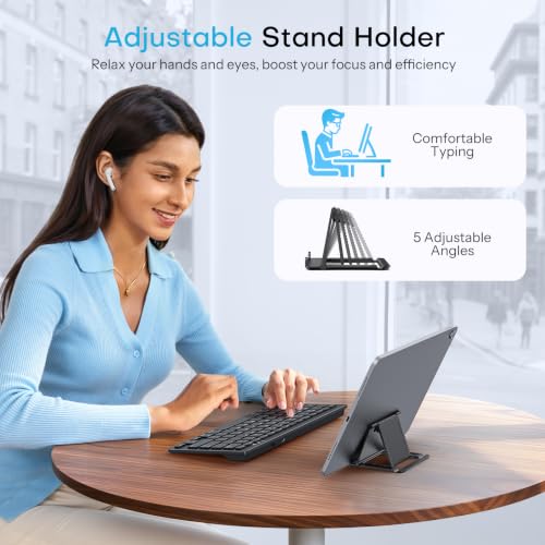 OMOTON Rechargeable Compact Bluetooth Keyboard for iPad, Adjustable Stand, Key Stickers, Slim Portable Wireless Keyboard for iPhone and iPad Pro/Air/Mini, Ideal for Study, Travel and Office, Black