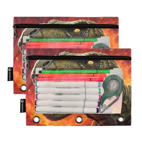 Gredecor 3 Ring Binder Pencil Pouch, Olive Green T-rex Dinosaur Zippered Pen Case Pouches with Clear Window, 2 Pack Stylish Office & School Supplie - color: Olive Green T-rex Dinosaur