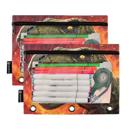 Gredecor 3 Ring Binder Pencil Pouch, Olive Green T-rex Dinosaur Zippered Pen Case Pouches with Clear Window, 2 Pack Stylish Office & School Supplie - color: Olive Green T-rex Dinosaur
