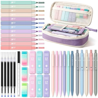 Four Candies School Supplies with Cute Pen Case, 39ct, Purple | Back to School Stationery Set, Essentials for College & Nursing Students, 5 Gel Pens, 6 Mechanical Pencils, 12 Highlighters - color: Purple, size: 39 Count (Pack of 1)