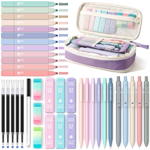 Four Candies School Supplies with Cute Pen Case, 39ct, Purple | Back to School Stationery Set, Essentials for College & Nursing Students, 5 Gel Pens, 6 Mechanical Pencils, 12 Highlighters - color: Purple, size: 39 Count (Pack of 1)