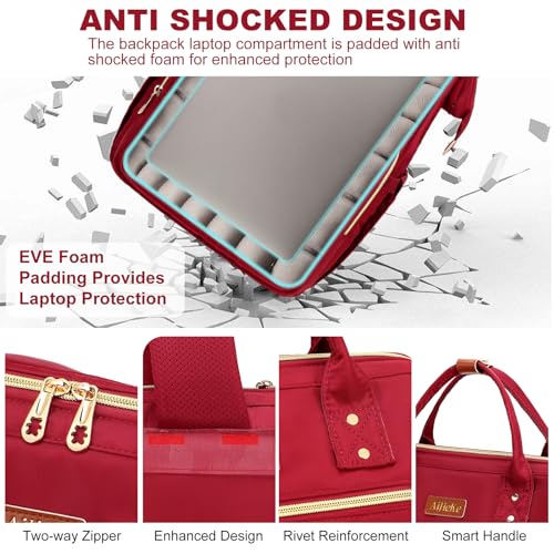 AIJIEKE Lunch Backpack for Women, 15.6 Laptop Backpack, Lunch Box, Red | Water resistant computer bag with insulated leakproof cooler. Travel meal prep backpack for nurse, teacher, college commute - color: Red