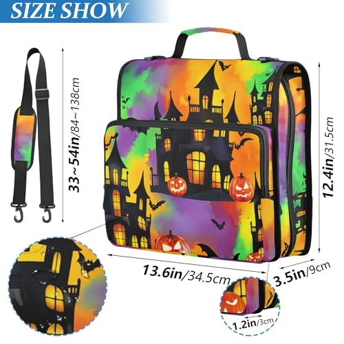 3 Ring Zipper Binder Spooky Haunted House Binder Organizer Portfolio with File and Shoulder Strap & Handle Large Capacity File Folder - color: Haunted House