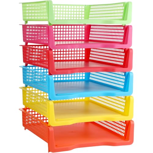 Weysat 6 Pcs Turn in Trays Classroom, Stackable Paper Tray for Classroom Organization Plastic Desk File Organizer Bin Basket for Library Drawer Teacher Office Document Storage (Rainbow,Narrow) - color: Rainbow, size: Narrow