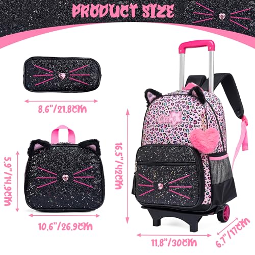 Meetbelify Girls Cute Backpack with Wheels for Elementary Students Kids Black Travel Luggage - color: Black Leopard Cat