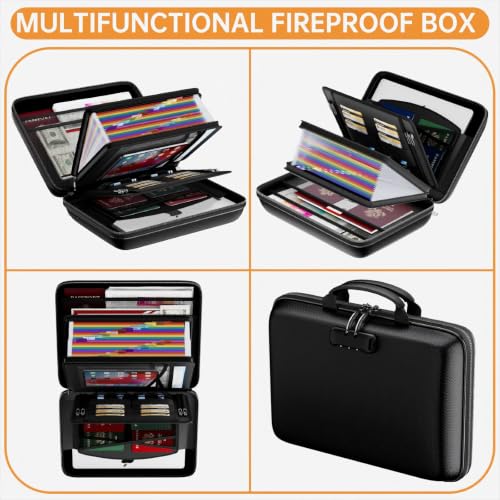 Fireproof File Organizer with Lock，Hard Case Fireproof Document Box with 13 Pockets Accordion File Folder，Portable Home Office Safe Storage for Important Documents Laptop （Black） ﻿