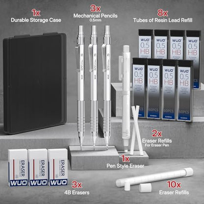 WUO 0.5mm Mechanical Pencil Set, 3 Silver Metal Drafting Pencils with 480 HB Lead Refills, Precision Eraser Pen, 4B Erasers & Case, Mechanical Pencils for Writing, Drawing, Sketching & School - color: Silver, size: 0.5