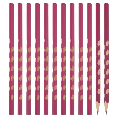PATIKIL Round Pencils, 12 Pack Triangle HB Graphite Pencil Hole Design Woodcase Wooden Pencils with Red Top for Classroom Office Writing Drawing Supplies, Rose Red - color: Rose Red