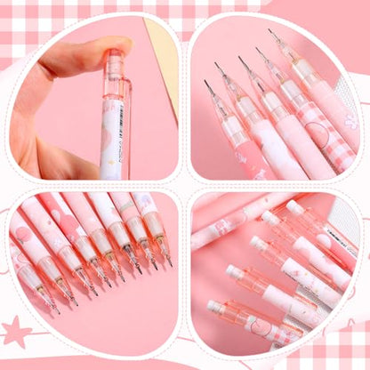 TIESOME 8 Pcs Kawaii Mechanical Pencils Set with Refill Leads & Erasers, 0.5mm/0.7mm Pink Cute Mechanical Pencils for School Office Supplies (Plastic)