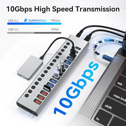 VANGREE Powered USB Hub 10Gbps, 17 Ports USB 3.2 Hub, 96W Power Adapter | 10 USB-A 3.2, 3 QC 24W Fast Charging, 2 USB-C 3.2, SD/TF, 12V/8A Power Adapter for Laptop, PC, Computer, HDD, Flash Drive - color: Silver