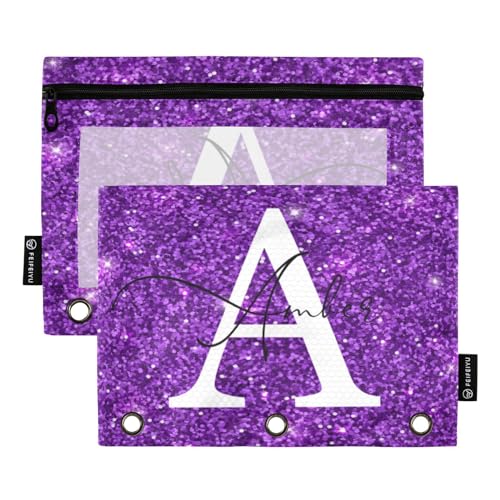 Personalized Pencil Pouch for 3 Ring Binder Glitter Purple Texture Custom Pencil Pouches Case Binder Cosmetic Bag 2 Pack for Office School College Supplies - color: Glitter Purple