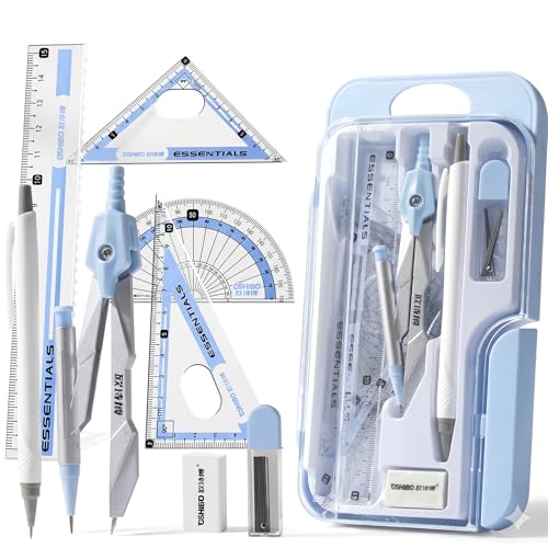 8 Pc Geometry Set with Storage Box - Metal Compass, Ruler and Protractor Kit with Pencil Eraser for Students