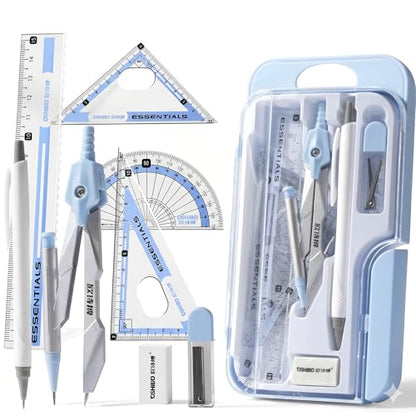 8 Pc Geometry Set with Storage Box - Metal Compass, Ruler and Protractor Kit with Pencil Eraser for Students