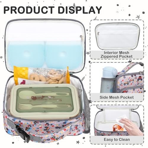 FlowFly Kids Lunch box with buckle Insulated Cooler Back to School Thermal Meal Tote Kit for Girls, Boys, Truck - color: M&Truck