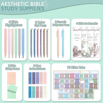 Bible Study Supplies Journaling Kit for Women, Bible Study Kit with 14 No Bleed Highlighters and Pens, 2 Transparent Sticky Notes, 2 Index Stickers, 75 Tabs for Christian Gifts - color: Multicolor