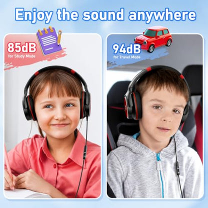 ADOOPE Kids Headphones with Safe 85dB/94dB Volume Limiter for Teen and Boys, Foldable HD Stereo Sound Headset for Kindle Kids/fire Tablet/iPad/Laptop, Headphones with Microphone (Black-red) - color: Black Red