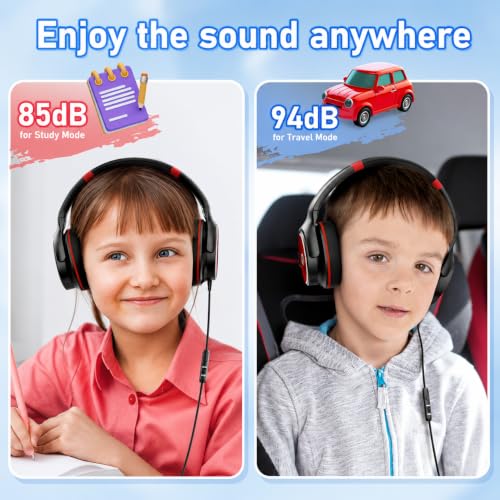 ADOOPE Kids Headphones with Safe 85dB/94dB Volume Limiter for Teen and Boys, Foldable HD Stereo Sound Headset for Kindle Kids/fire Tablet/iPad/Laptop, Headphones with Microphone (Black-red) - color: Black Red