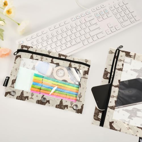 Retro Cactis Cowboys Binder Pencil Pouches, Pencil Case with Clear Window 3 Rings Pen Case Holder School Office Supplies Cosmetic Makeup Bag 2 Pack - color: multicolored-2