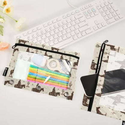 Retro Cactis Cowboys Binder Pencil Pouches, Pencil Case with Clear Window 3 Rings Pen Case Holder School Office Supplies Cosmetic Makeup Bag 2 Pack - color: multicolored-2