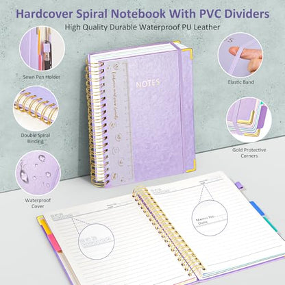 Hardcover Spiral Notebook Journal with Removable PVC Dividers - 8'' x 10'' Large 100 GSM Paper B5 Notebooks with Tabs, 300 Pages Leather 5 Subject Notebook College Ruled for Work School Notes, Purple - color: Purple