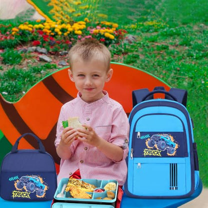 ACESAK Boys Backpack - Off-road Vehicle Bento Box with Insulated Lunch Bag Pencil Case & Utensils Set for Kids, 6 Leakproof Compartments Removable Tray Lunches or Snack Container - color: Blue Vehicle