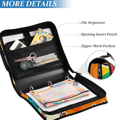 3 Ring Zipper Binder with Shoulder Strap, 600 Sheets Capacity, Cute Rainbow Cats 1.5 Inch Zipper Binder 3 Ring with Multiple Pockets & Expanding File Folder