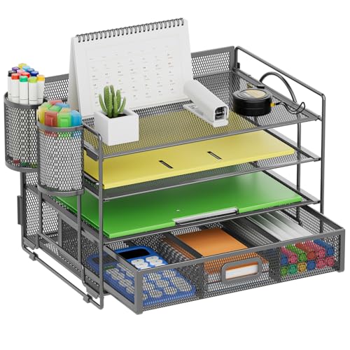 Marbrasse Desk Organizer and Accessories, 4-Tier Paper File Letter Tray Accessories & Workspace Desk Organizers with Drawer and 2 Pen Holders for School Home Office Supplies (Grey) - color: Grey with Pen Holder