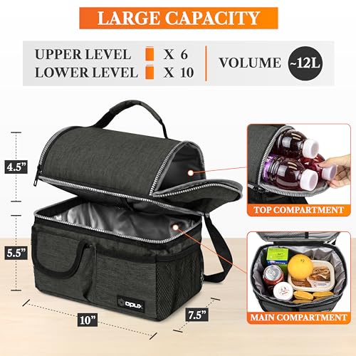 opux Insulated Lunch Bag Women Men, Dual Compartment Leakproof Lunch Box Adults Kids, Double Decker Meal Prep Bento Lunch Cooler Tote with Shoulder Strap for Work Office School Travel, Dark Gray - color: Heather Charcoal