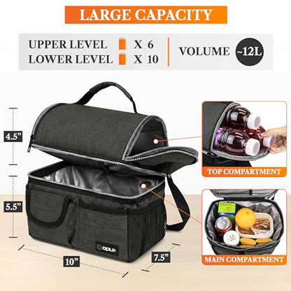 opux Insulated Lunch Bag Women Men, Dual Compartment Leakproof Lunch Box Adults Kids, Double Decker Meal Prep Bento Lunch Cooler Tote with Shoulder Strap for Work Office School Travel, Dark Gray - color: Heather Charcoal