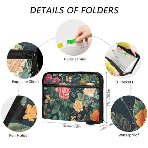 Expanding File Folder Botanical Floral Green Accordion File Organizer 13 Pockets Document Organizer with Zipper Labels A4 Letter Office Storage