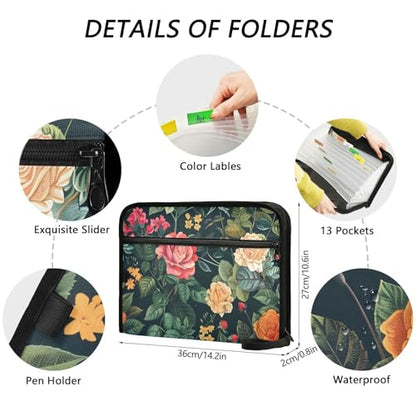 Expanding File Folder Botanical Floral Green Accordion File Organizer 13 Pockets Document Organizer with Zipper Labels A4 Letter Office Storage