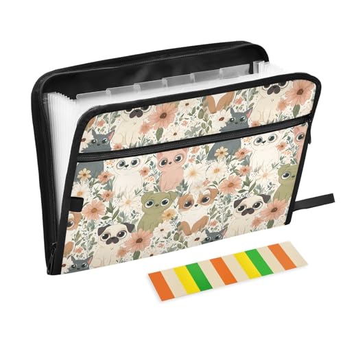 Cats Dogs Flowers Pattern 13 Pocket File Organizer Expanding File Folder with Front Pouch Portable Business File Storage Document Organizer Folder with Zipper - color: Cats Dogs Flowers Pattern