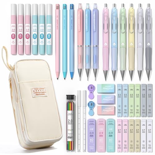 Four Candies 42PCS Mechanical Pencil Set with 696 Lead Refills (Cream) | 0.5mm - 2.0mm Mechanical Pencils, Aesthetic School Supplies for Writing, Drawing, Drafting , Note-Taking & Back to School - color: Cream