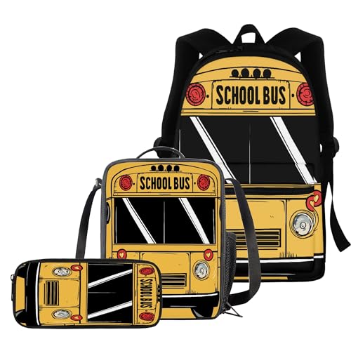 BIGCARJOB Yellow School Bus Backpack Kids Schoolbags Set with Insulated Lunch Box Pencil Case Set of 3 Pcs Cute School Bus Bookbags Boys Girls Rucksack Travel Bags - color: B Yellow School Bus, size: One Size