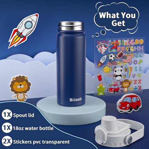 baab 18oz Kids Water Bottle, Insulated Kids Water Bottle with Lockable Spout Lid & Stickers, 18/8 Stainless Steel Vacuum Leakproof Kid Water Cup with Handle for Boy Girl & School (Grey+Navy Blue) - color: Grey+Navy Blue, size: 18 Ounces