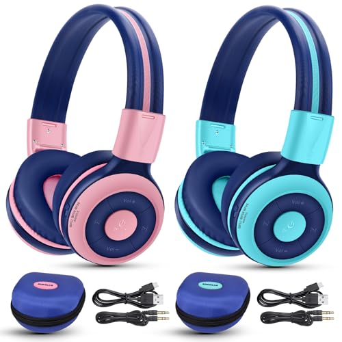 SIMOLIO 2 Pack Wireless Kids Headphones with Share Port, 75/85/94dB Volume Limiting, HD Mic, USB C Charging, Foldable Headphones with Travel Case for iPad Tablet School Airplane Boys Girls - color: Mint&Pink