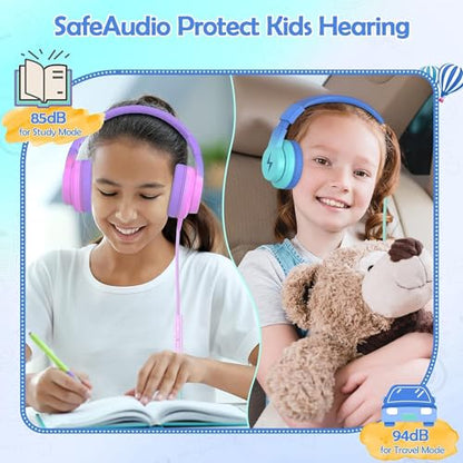 Candy Bila Kids Headphones, Wired Headphones for Kids Over Ear with Microphone, 85/94dB Volume Headphones for Girls Boys, Foldable Headphones for Learning & Entertainment - color: Gradient Blue, Gradient Purple