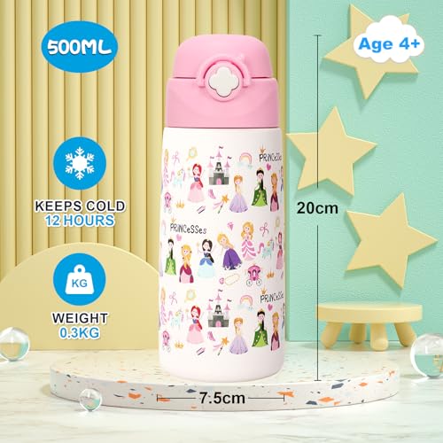 Girls Insulated Water Bottle with Covered Pop-Up Straw,16 oz Kids Cups with Stainless Steel Leak Proof for School Pink（Princess） - color: A13.Princess, style: 1Pack