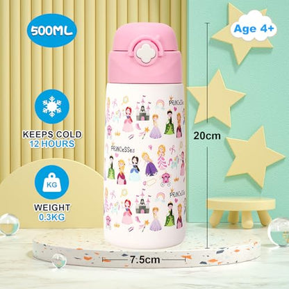 Girls Insulated Water Bottle with Covered Pop-Up Straw,16 oz Kids Cups with Stainless Steel Leak Proof for School Pink（Princess） - color: A13.Princess, style: 1Pack