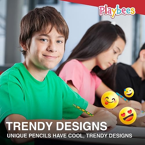 Playbees Emoticon No 2 Pencils for Kids - 144 Pack Bulk Kids Pencils #2 with Erasers - Assorted Smiley Birthday Party Favors, Classroom Prizes, Goody Bag Stuffers, Teacher's Educational Supplies - style: 144 Pack