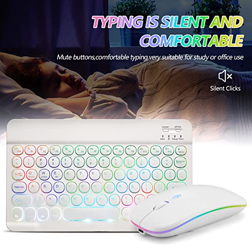Ultra-Slim Lightweight Bluetooth Keyboard and Mouse Portable Mini Wireless Keyboard Rechargeable 7-Color Backlit for Apple iPad iPhone,Tablet iPhone Smartphone iOS Android Windows,Round Keys White - color: white